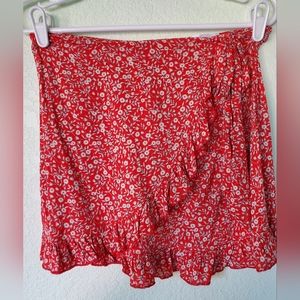 Hello Molly Red Floral Faux Wrap Skirt, size M